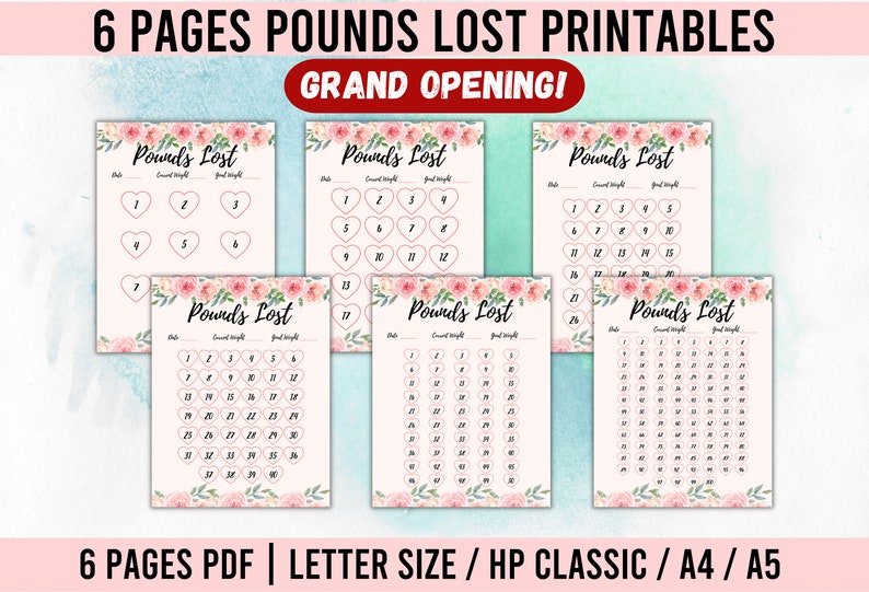Pode incluir: Seis p&aacute;ginas imprim&iacute;veis com um design floral, cada p&aacute;gina tem um gr&aacute;fico intitulado "Pounds Lost" com uma se&ccedil;&atilde;o para "Current Weight" e "Goal Weight". Os gr&aacute;ficos s&atilde;o numerados de 1 a 40.