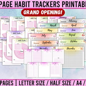 Könnte beinhalten: Ein Satz von 31 druckbaren Habit-Tracker-Seiten in verschiedenen Farben und Designs. Die Seiten beinhalten Monatskalender, Habit-Tracker und Seiten zur Zielsetzung. Die Seiten sind für Papier im Letter-Format oder im halben Format konzipiert.