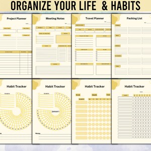 Pode incluir: P&aacute;ginas de planejador imprim&iacute;veis com o texto "ORGANIZE YOUR LIFE & HABITS". As p&aacute;ginas incluem se&ccedil;&otilde;es para planejamento de projetos, notas de reuni&otilde;es, planejamento de viagens, listas de embalagem e rastreamento de h&aacute;bitos. O design apresenta um fundo creme com detalhes em amarelo.