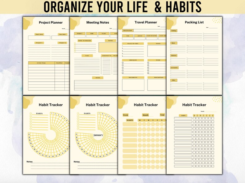 Pode incluir: P&aacute;ginas de planejador imprim&iacute;veis com o texto "ORGANIZE YOUR LIFE & HABITS". As p&aacute;ginas incluem se&ccedil;&otilde;es para planejamento de projetos, notas de reuni&otilde;es, planejamento de viagens, listas de embalagem e rastreamento de h&aacute;bitos. O design apresenta um fundo creme com detalhes em amarelo.