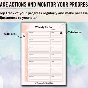 May include: A printable weekly to-do list with sections for to-do lists, notes, and a title that says "Weekly To Do". The background is a light pink and blue watercolor design.
