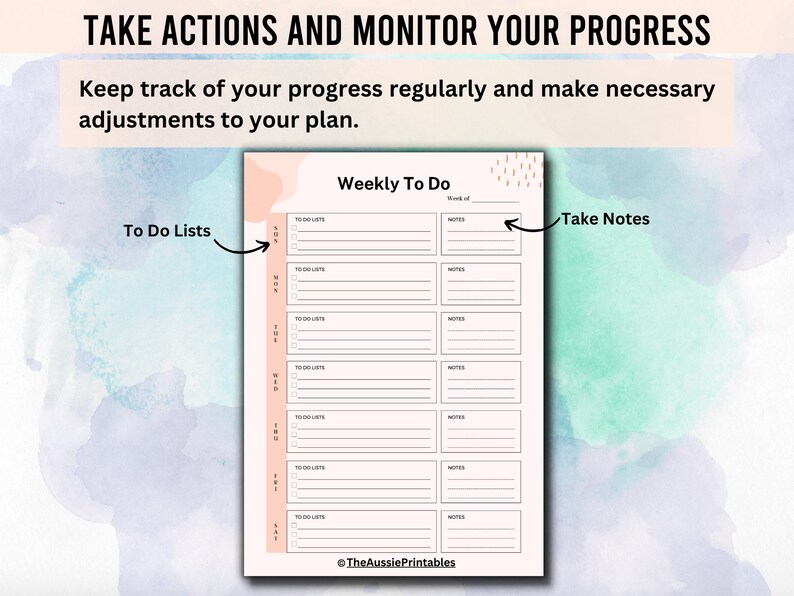 May include: A printable weekly to-do list with sections for to-do lists, notes, and a title that says "Weekly To Do". The background is a light pink and blue watercolor design.