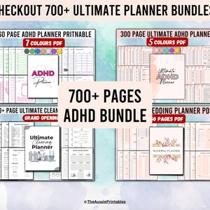 May include: A collection of printable planner bundles for ADHD, cleaning, and wedding planning. The bundles include 700+ pages and are available in multiple colors. The text "CHECKOUT 700+ ULTIMATE PLANNER BUNDLES!" is at the top of the image.