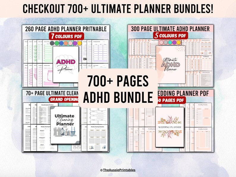 May include: A collection of printable planner bundles for ADHD, cleaning, and wedding planning. The bundles include 700+ pages and are available in multiple colors. The text "CHECKOUT 700+ ULTIMATE PLANNER BUNDLES!" is at the top of the image.