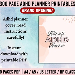 Puede incluir: Una portada de agenda digital rosa y blanca con el texto "Ultimate ADHD Planner" en blanco y negro. La portada tiene un fondo de acuarela y formas abstractas.