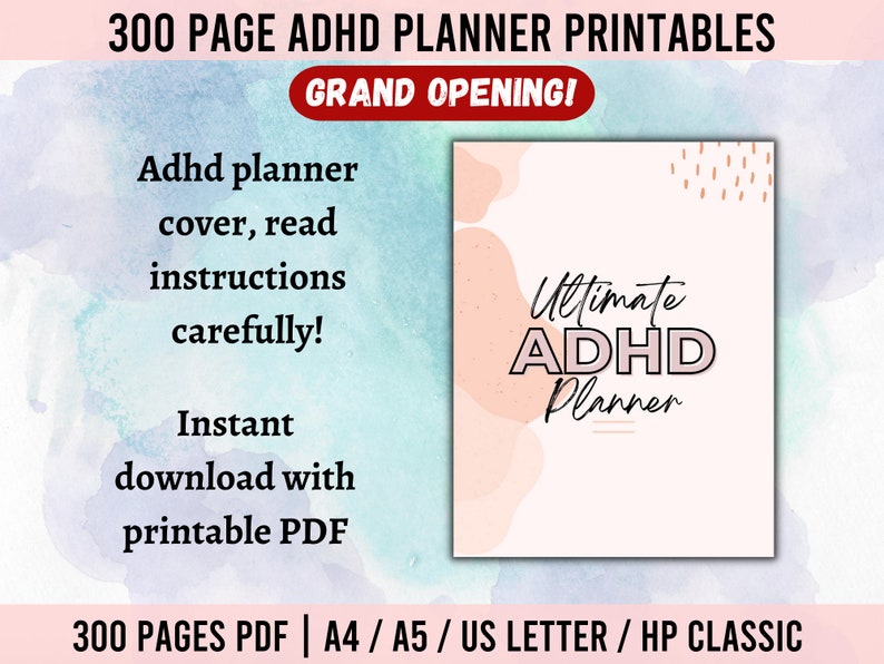 Puede incluir: Una portada de agenda digital rosa y blanca con el texto "Ultimate ADHD Planner" en blanco y negro. La portada tiene un fondo de acuarela y formas abstractas.