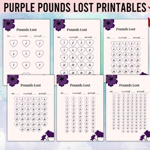 May include: Printable weight loss tracker sheets with purple floral designs. Each sheet has a title "Pounds Lost" and a grid of hearts to track weight loss. The sheets are designed to be printed and used as a visual aid for weight loss goals.