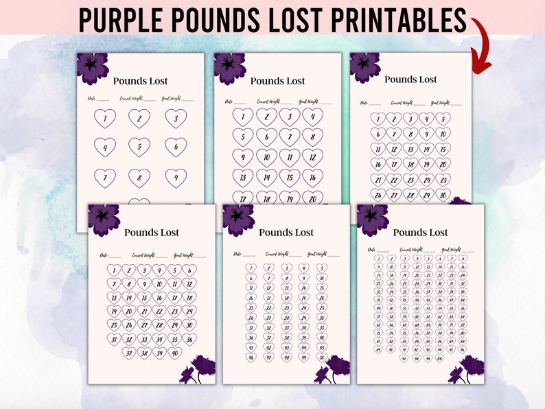 May include: Printable weight loss tracker sheets with purple floral designs. Each sheet has a title "Pounds Lost" and a grid of hearts to track weight loss. The sheets are designed to be printed and used as a visual aid for weight loss goals.