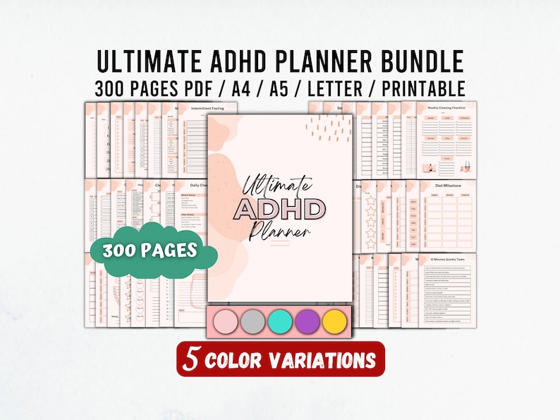 Puede incluir: Un paquete de planificadores digitales para personas con TDAH. La portada presenta un dise&ntilde;o abstracto rosa y blanco con el texto "Ultimate ADHD Planner". El paquete incluye 300 p&aacute;ginas y est&aacute; disponible en cinco variaciones de color.
