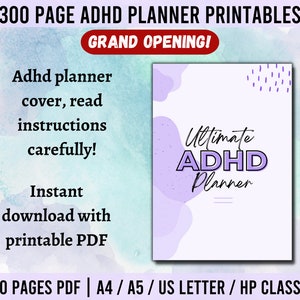 Puede incluir: Una portada de agenda imprimible de color morado y blanco con el texto "Ultimate ADHD Planner" y "300 Pages PDF | A4 / A5 / US LETTER / HP CLASSIC".