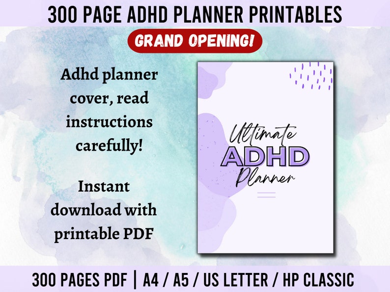 Puede incluir: Una portada de agenda imprimible de color morado y blanco con el texto "Ultimate ADHD Planner" y "300 Pages PDF | A4 / A5 / US LETTER / HP CLASSIC".