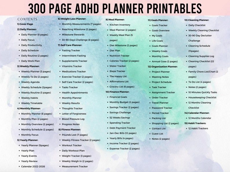 Puede incluir: Un planificador imprimible con un fondo de acuarela azul pastel y rosa. El planificador est&aacute; dividido en 15 secciones, cada una con un t&iacute;tulo y una lista de p&aacute;ginas imprimibles. Las secciones incluyen: P&aacute;gina de portada, Planificador diario, Planificador semanal, Planificador mensual, Planificador anual, Planificador de p&eacute;rdida de peso, Planificador de autocuidado, Planificador de acondicionamiento f&iacute;sico, Planificador de comidas, Planificador de objetivos, Planificador de organizaci&oacute;n, Planificador de limpieza, Planificador de calendario y Seguimiento de h&aacute;bitos.