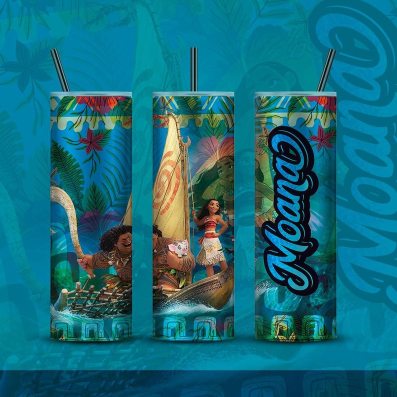 May include: Three stainless steel tumblers with straws, featuring a vibrant design inspired by the animated film Moana. The tumblers showcase characters and scenes from the movie against a blue tropical background, with the word "Moana" in a stylized font.