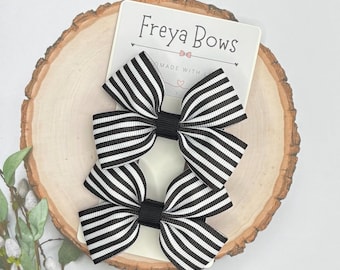Black Hair Bows for Girls | Black and White Striped Hair Clips | Toddler Pigtail Bows | Monochrome Hair Accessories | Party Bows