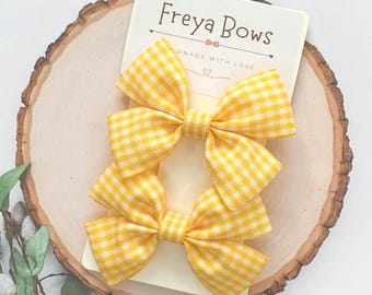Sunflower Yellow Gingham Hair Bows for Girls | School Hair Clips | Summer Back to School Bows