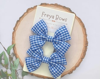 Blue Gingham School Hair Bows | Hair Clips for Girls | Toddler Pigtail Bows | Back to School Accessories
