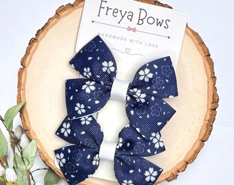 Navy Floral Hair Bows | Pigtail Clips for Girls | School Hair Accessories | Everyday Bows | Handmade UK