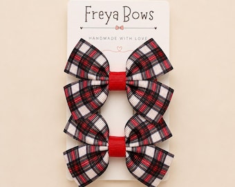 Red Tartan Hair Bows for Girls | Plaid Pigtail Clips | School Hair Accessories |  Scottish Bows
