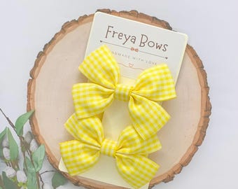 Yellow Gingham School Hair Bows | Hair Clips for Girls | Toddler Pigtail Bows | Back to School Accessories