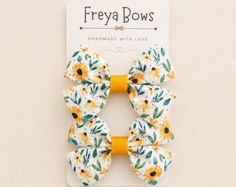 Sunflower Hair Bows for Girls | Floral Pigtail Clips | Yellow Ribbon Hair Accessories | Summer Bows