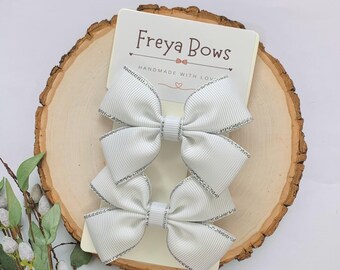 White Hair Bows with Silver Trim | Wedding & Christening Hair Accessories | Elegant Pigtail Clips for Girls