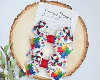 Autism Awareness Hair Bows | Baby Headband & Toddler Pigtail Bows | Neurodivergent Gift for Girls | Puzzle Ribbon Hair Clips