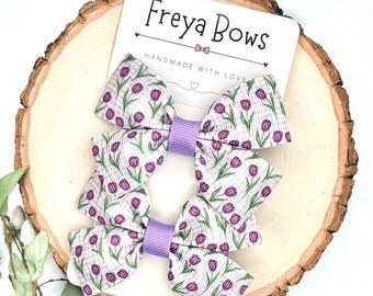 Purple Floral Hair Bows for Girls | Toddler Pigtail Bows | Tulip Hair Clips | Party Hair Accessories | Birthday Gift