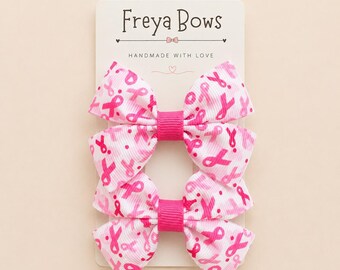 Pink Ribbon Awareness Hair Bows | Breast Cancer Awareness | Toddler Pigtail Bows | Girls Hair Clips | Charity Gift