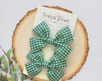 Green Gingham School Hair Bows | Forest Green Hair Clips for Girls | Toddler Pigtail Bows | Back to School Accessories | Baby Headband