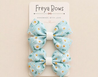 Blue Daisy Hair Bows for Girls | Toddler Pigtail Bows | Flower Hair Clips | Ribbon Hair Accessories | Birthday Gift