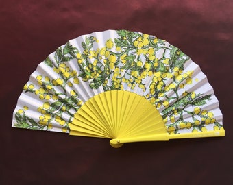 Mimosa fan / painted wood / print on cotton