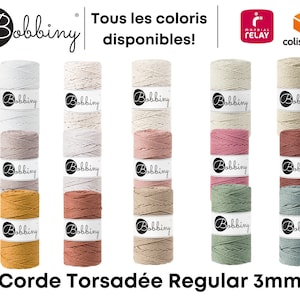 Peut inclure: Une variété de couleurs de corde en coton de 3 mm d'épaisseur, appelée "Corde Torsadée Regular 3mm", est présentée en rangée. La corde est disponible en naturel, blanc, beige, rose, marron, jaune moutarde et vert.