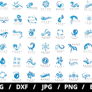 Collezione di set di loghi di design dell'acqua, illustrazioni in formato svg, goccia d'acqua blu, elementi di design del logo delle gocce d'acqua, emblemi, set di icone clipart in formato svg