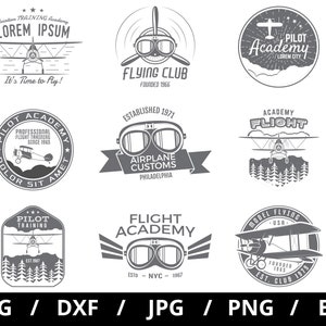 Conjuntos de logotipos de aviones, ilustraciones SVG, club de vuelo, academia de pilotos, academia de vuelo, elementos de diseño de etiquetas de aviones, conjuntos de iconos de insignias, clipart SVG