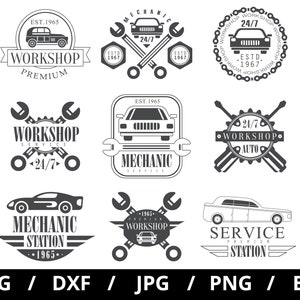 mechanic station logo sets collection illustration svg, auto service workshop, garage repair, car shop emblems icon badge sets clipart svg