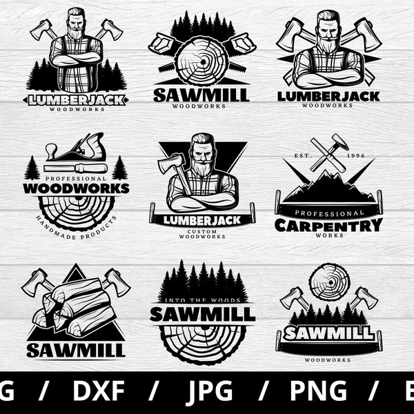 sawmill logo sets collection illustration svg, lumberjack woodworks, sawmill woodworks emblems icon badge sets clipart svg