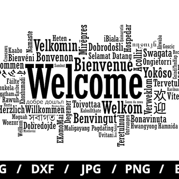 welcome typography composition lettering svg, different language of welcome svg, welcome words lettering inspirational quotes svg