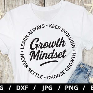 Puede incluir: Camiseta blanca con las palabras "Growth Mindset" en un diseño circular negro. Las palabras "Learn Always, Keep Evolving, Never Settle, Choose Growth" rodean el círculo. La parte inferior de la camiseta es parcialmente visible.