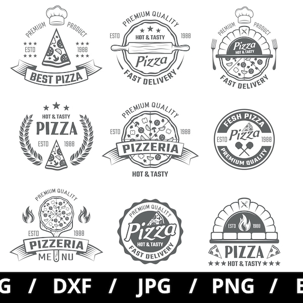 pizzeria logo sets collection illustration svg, pizza hot and tasty, pizza menu, pizza fast food delivery emblems icon sets clipart svg
