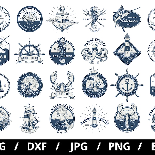 nautical labels logo sets collection illustration svg, marine cruises, sea elements, seafood emblems icon badge sets clipart svg