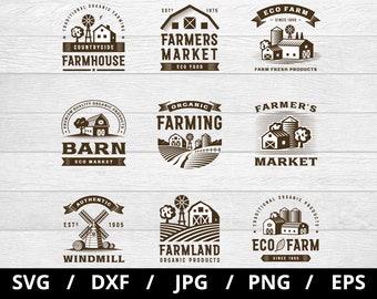 farmhouse logo set collection illustration svg, farmers market, eco farm, barn, organic farming, farmland emblems icon badge set clipart svg