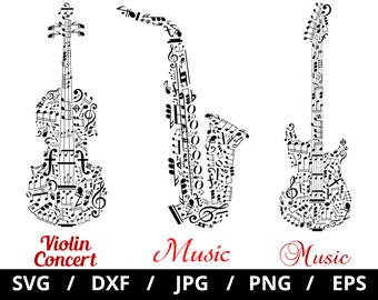 Music Notes Instrument SVG: Violin, Saxophone, Guitar Clipart (Digital Download)