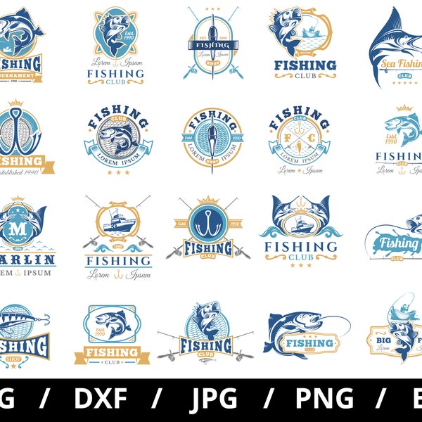 fishing club logo sets collection illustration svg, sea fishing shop, fishing camp, fishing tournaments emblems icon badge sets clipart svg