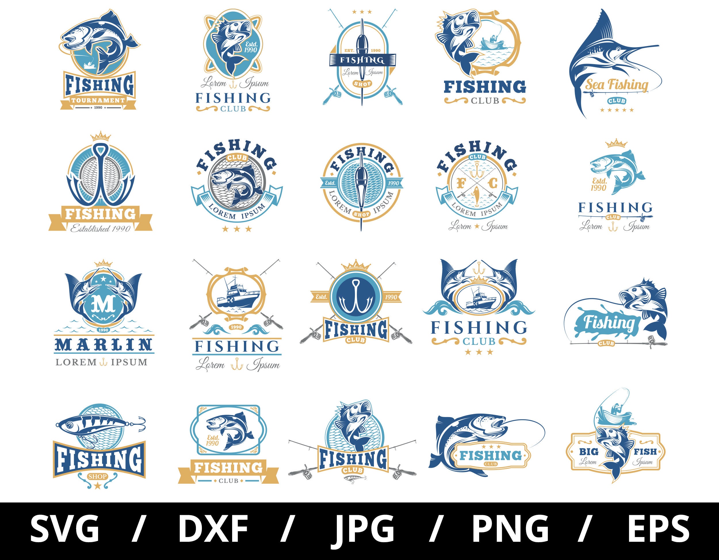Fishing Club Logo Sets Collection Illustration Svg, Sea Fishing Shop,  Fishing Camp, Fishing Tournaments Emblems Icon Badge Sets Clipart Svg 