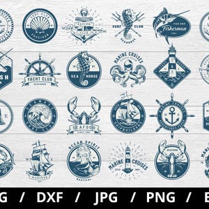 May include: A set of 20 blue and white nautical themed logo designs. The logos feature various nautical elements such as anchors, ships, seahorses, crabs, and lighthouses. The logos are perfect for use on websites, social media, and merchandise.