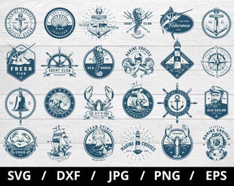 nautical labels logo sets collection illustration svg, marine cruises, sea elements, seafood emblems icon badge sets clipart svg