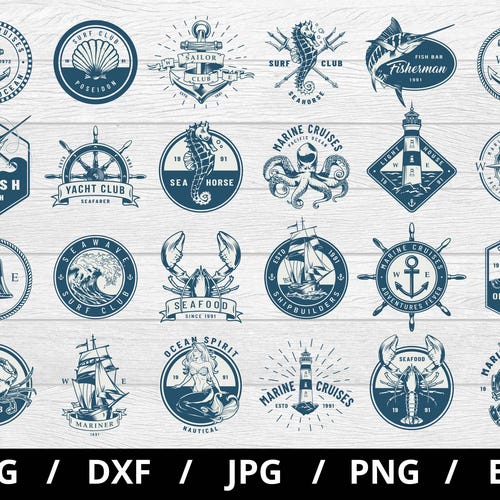 nautical labels logo sets collection illustration svg, marine cruises, sea elements, seafood emblems icon badge sets clipart svg
