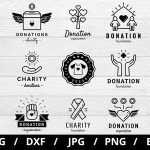 Collezione di loghi di beneficenza per donazioni, illustrazioni in formato svg, fondazione per donazioni, organizzazione per donazioni, set di emblemi, icone e badge clipart in formato svg