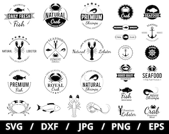 seafood restaurant logo sets illustration svg, lobster, crab, prawn, fish market, seafood shop, seafood product icon sets clipart svg