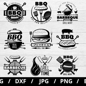 Puede incluir: Ilustraciones vectoriales en blanco y negro de varios diseños de barbacoa. Los diseños presentan parrillas, carne, hamburguesas, salchichas y el texto "BBQ".